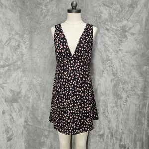 Y2K BP Floral Babydoll V Neck Sleeveless‎ Mini Dress Black Pink Size S Coquette